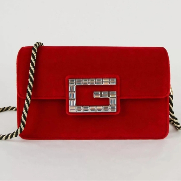 GUCCI Broadway Red Velvet and Leather Crystal Bag, New - Picture 1 of 10